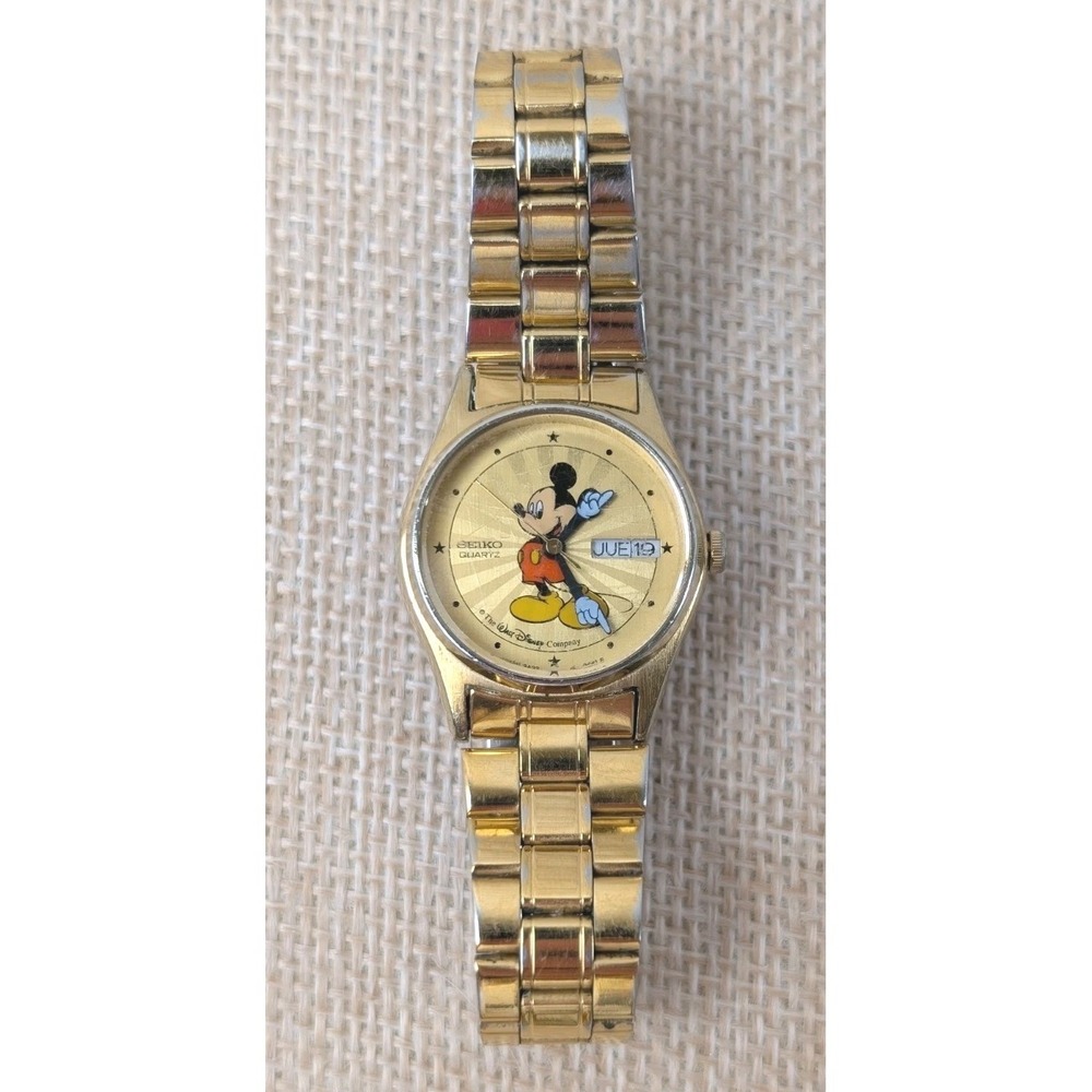 Seiko Disney Mickey Mouse Watch - Gold w Sunburst -New Battery